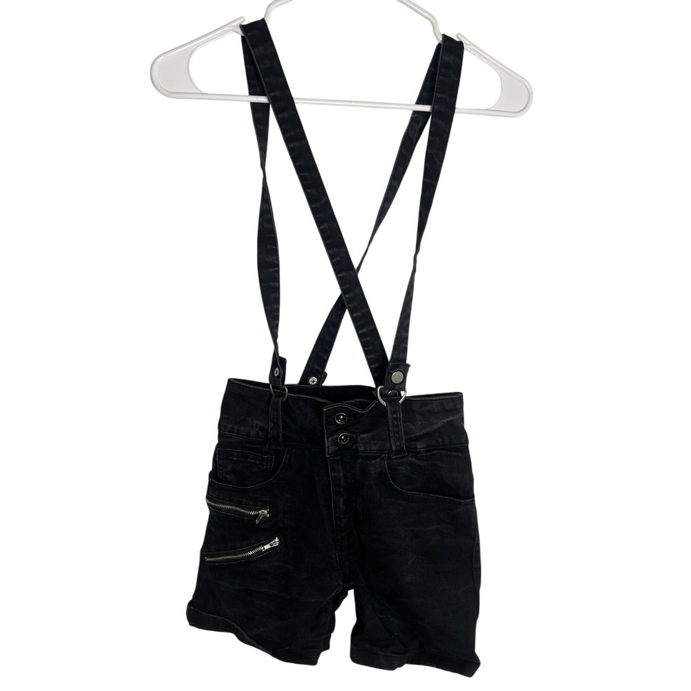 Hot Topic Junior 5 Super Skinny Short Black Denim‎ Suspender Shorts Emo Goth Y2K